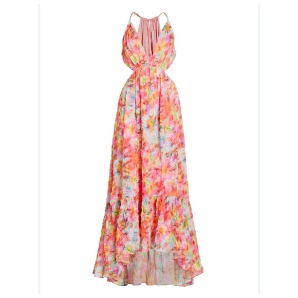 NWT Ramy Brook Wilson Gown 2 Maxi Dress Guava Sunburst Multicolored Cutout VNeck